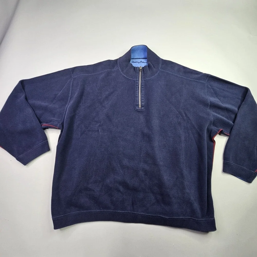 Tommy Bahama 1/4 Zip Pullover Sweater XL Blue Reversible Cotton Blend Ribbed